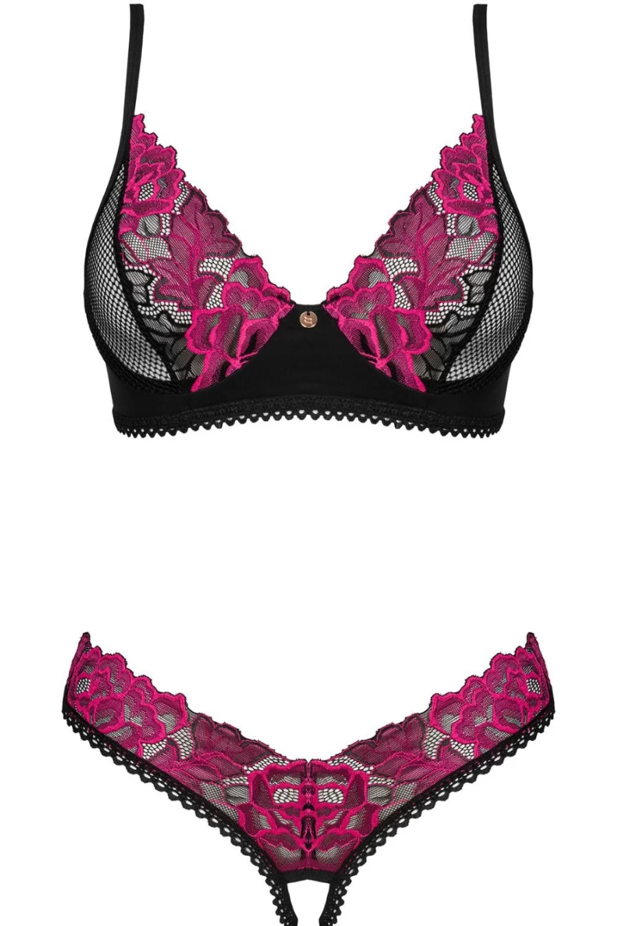 Obsessive Black Rosenty Lace Bra & Crotchless Thong Set - Seductive Lingerie