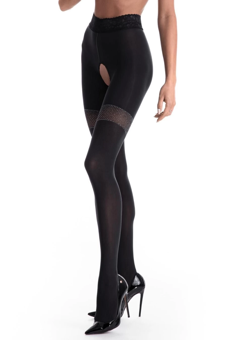Amour Black 80 Denier Glamour Crotchless Tights for Women - Sexy Lingerie Stockings