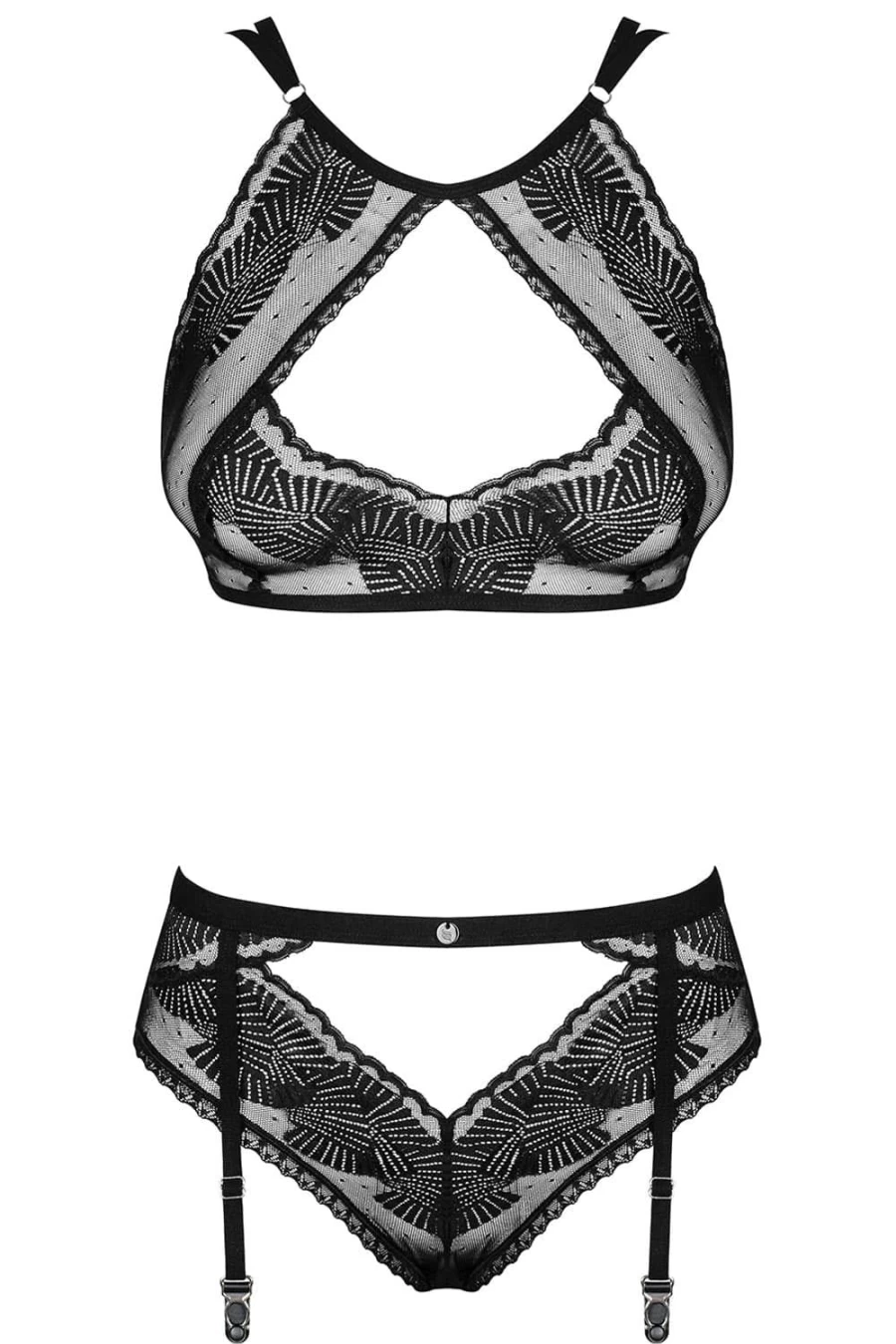 Obsessive Black Allastia Lace Bra & Suspender Brief Set - Elegant Lingerie