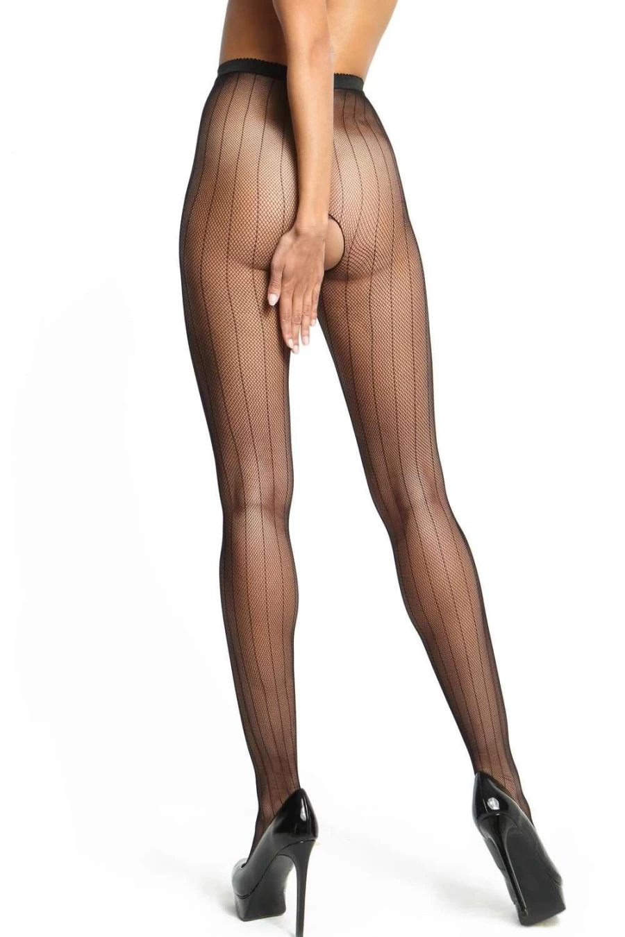 Miss O Black Open Crotch 20 Denier Seamed Fishnet Tights for Women