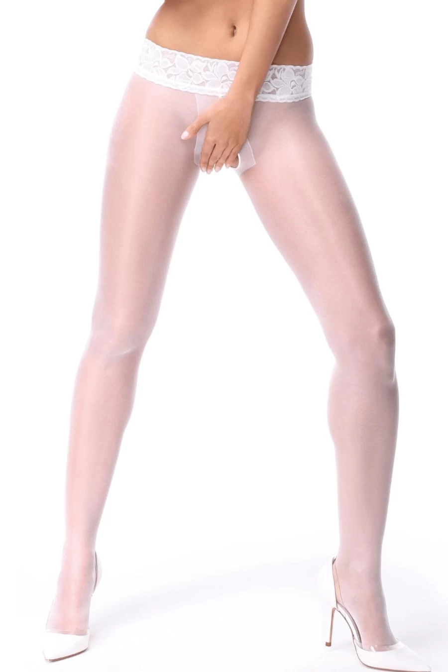 Miss O White Open Crotch Lace Top 20 Denier Tights - Sheer Pantyhose for Women