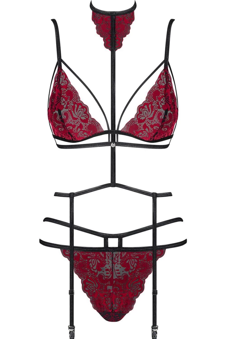 Obsessive Red/Black Sugestina Bra, Brief & Suspender Harness Set for Women