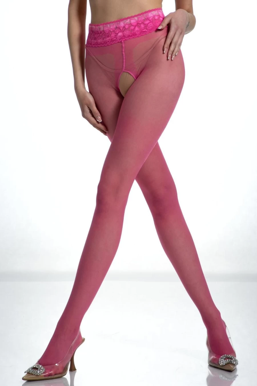 Amour Pink Bonbon Crotchless Lace Tights 30 Denier - Sheer Sensual Hosiery