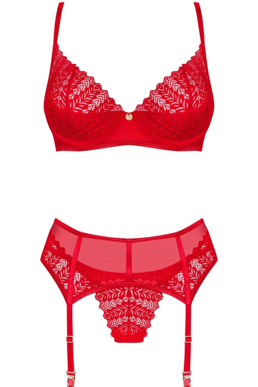 Obsessive Red Lace Ingridia Bra, Thong & Suspender Set
