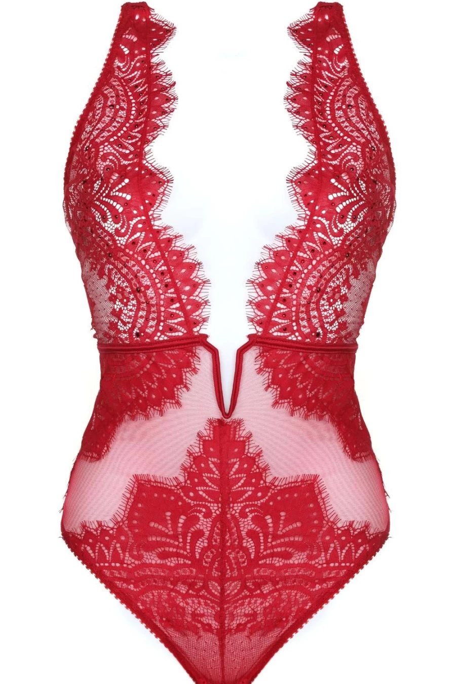 Prelude Red Lace Thong Bodysuit with Swarovski Crystals - Elegant Black Swan Design