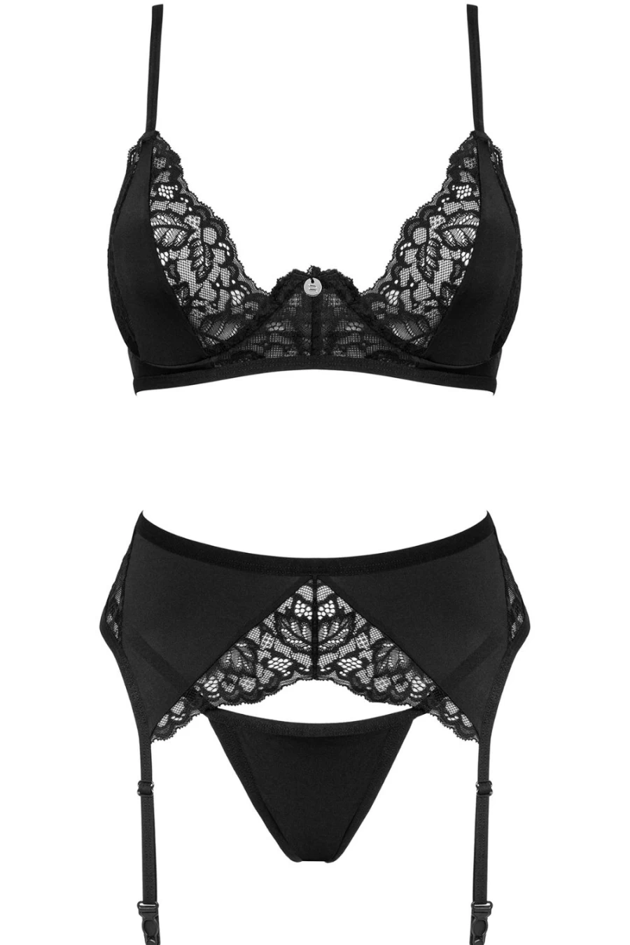 Obsessive Black Bellastia Lace Bra, Thong & Suspender Set