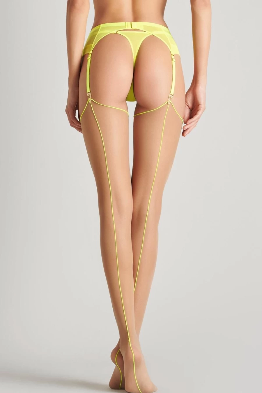 Maison Close Cut & Curled Seamed Stockings in Nude/Neon Yellow - Vintage Retro Style High-Quality Hosiery