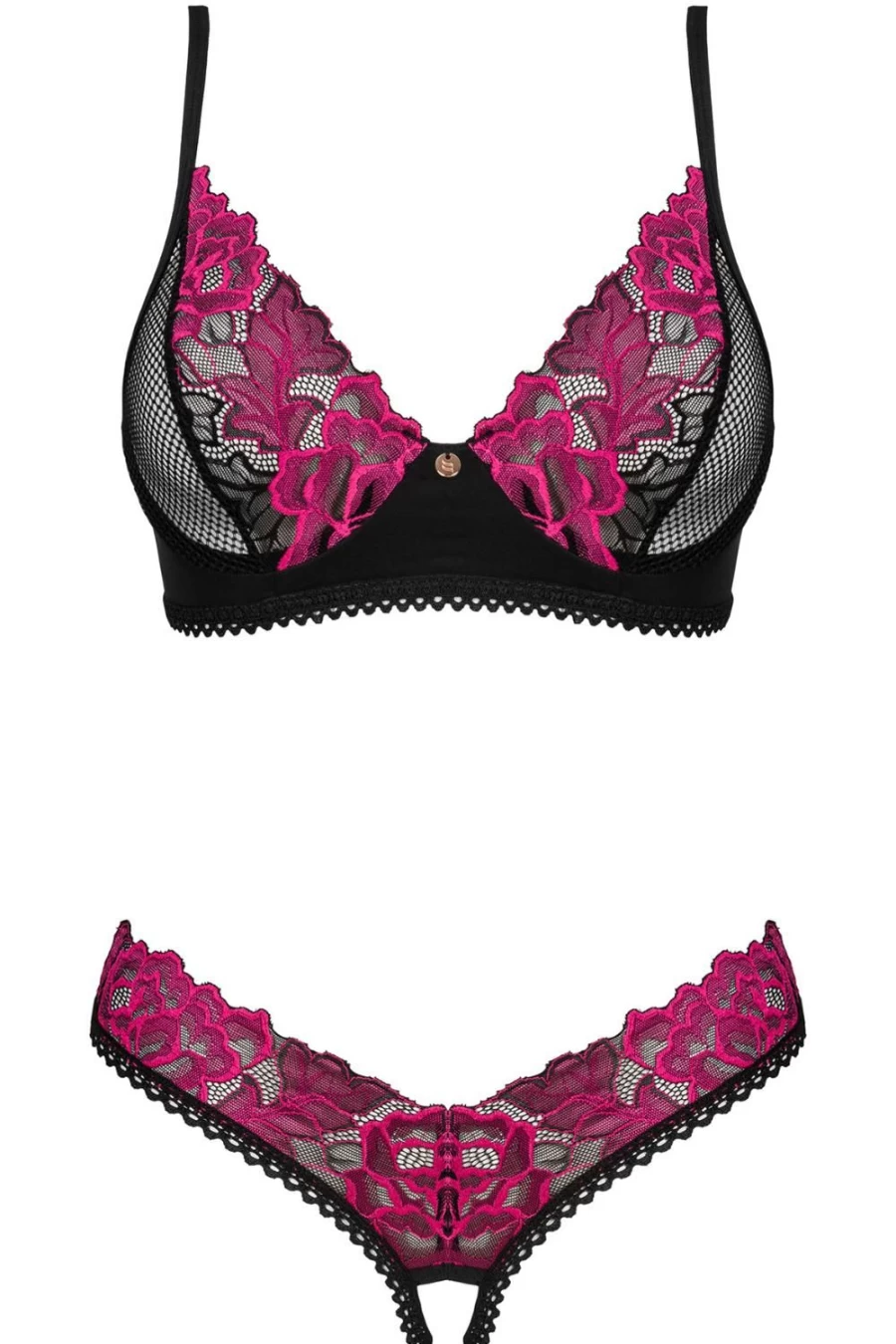 Obsessive Black Rosenty Lace Bra and Crotchless Thong Set - Seductive Lingerie