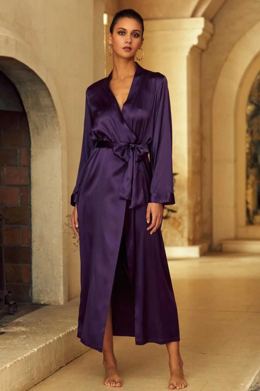 Marjolaine Plum Long Kimono - Elegant Floral Printed Sophia Robe for Women