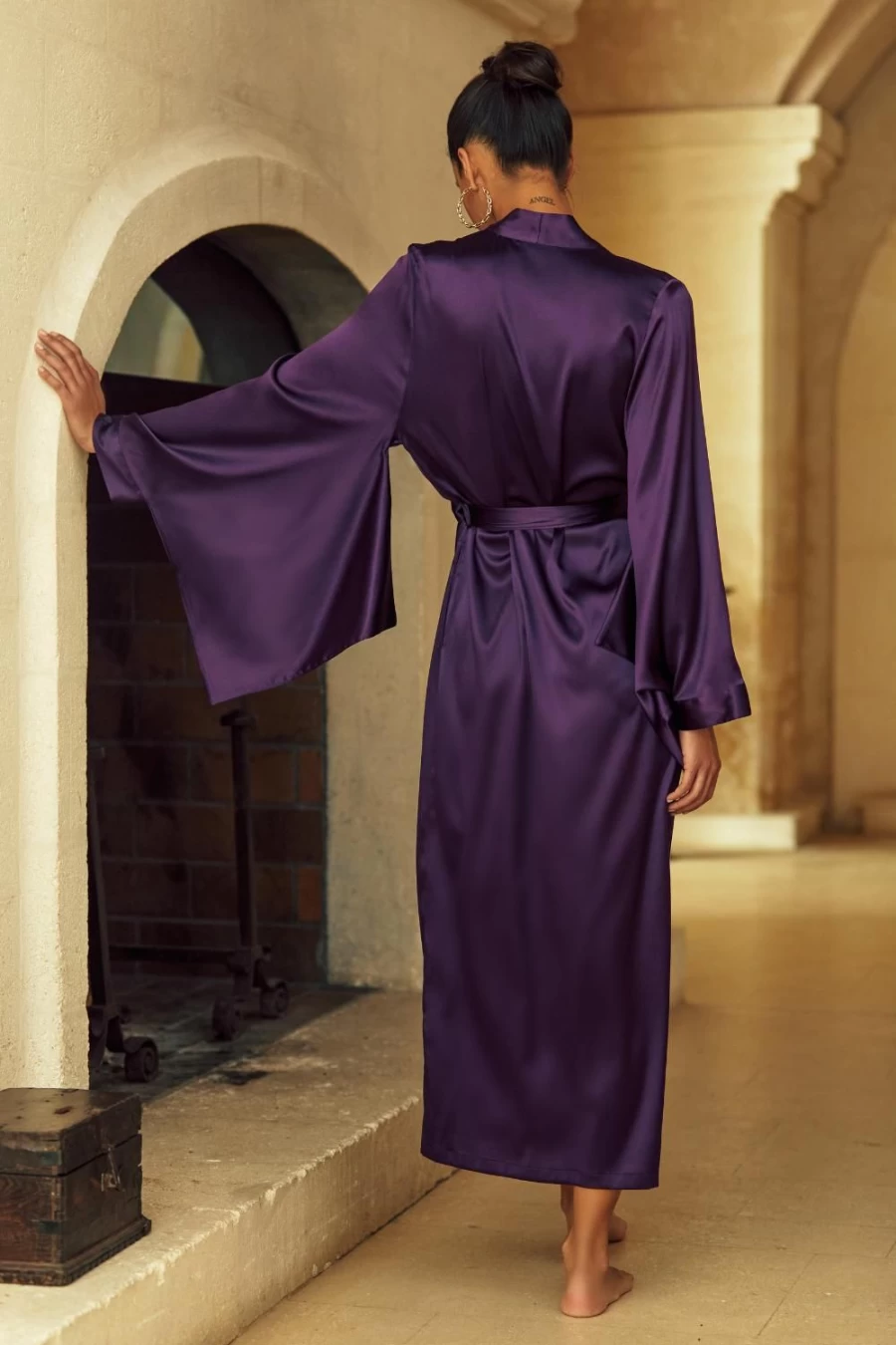 Marjolaine Plum Long Kimono - Elegant Floral Printed Sophia Robe for Women