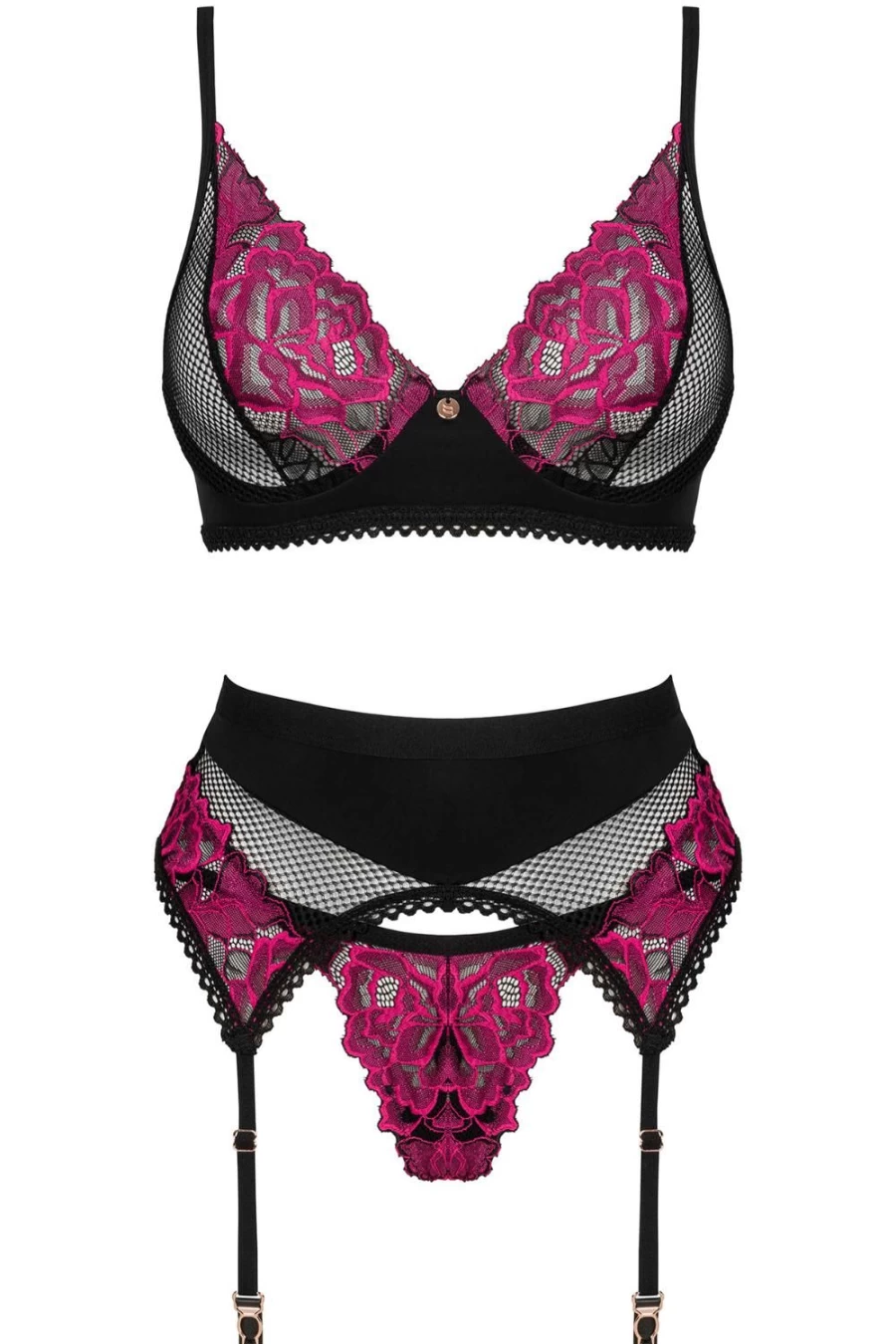 Obsessive Black Rosenty Lace Bra, Thong & Suspender Set