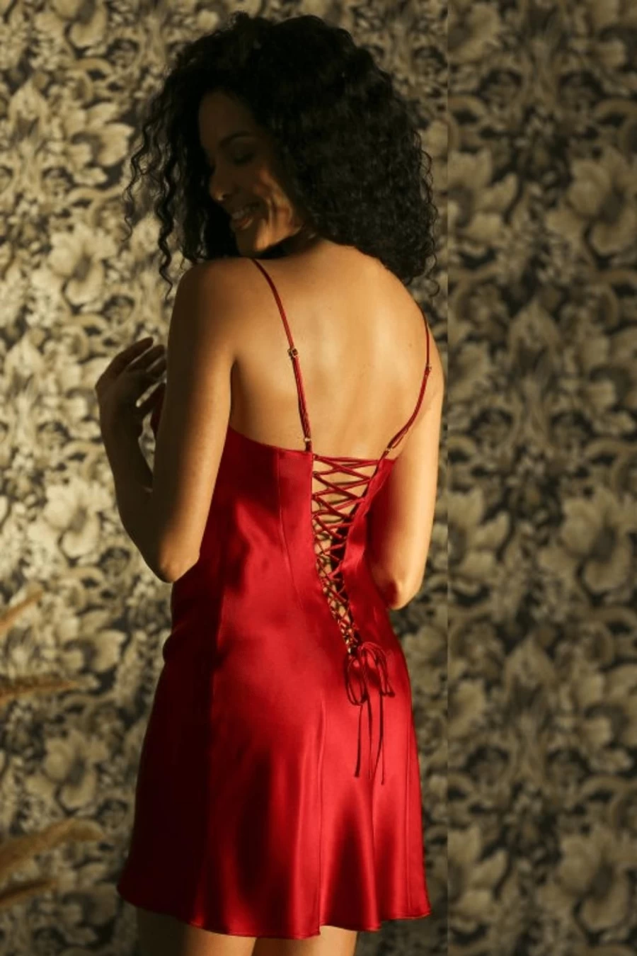 Marjolaine Red Soie Unie Lace Up Slip Dress - Elegant Satin Slip with Lace Detail