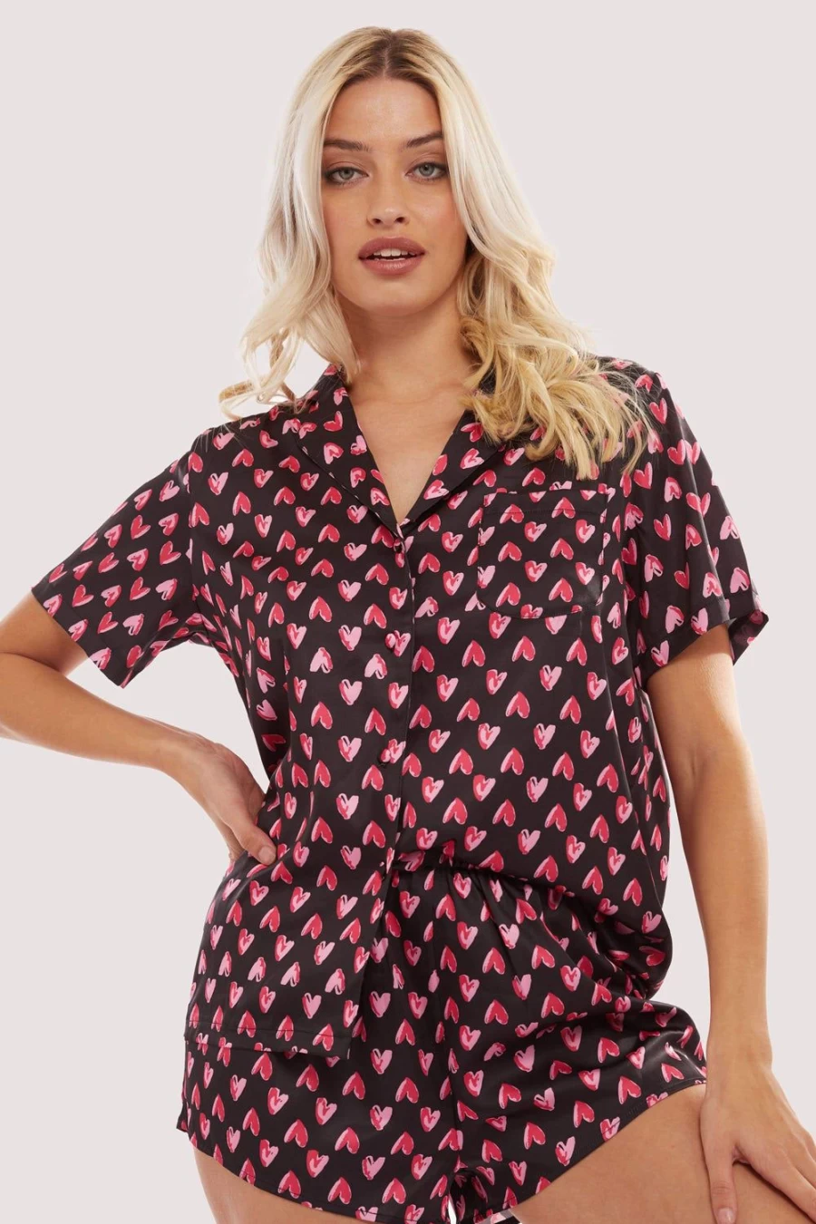 Black Heart Print Satin Pyjama Set by Wolf & Whistle - UK Size 14 Women's Sleepwear