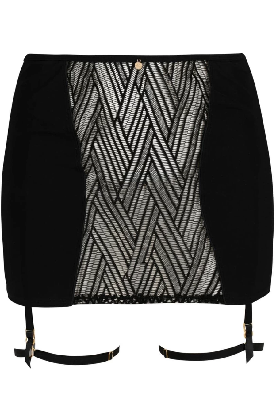 Atelier Amour Black Onde Sensuelle Suspender Skirt - Elegant Lace Trimmed Strap Mini Skirt