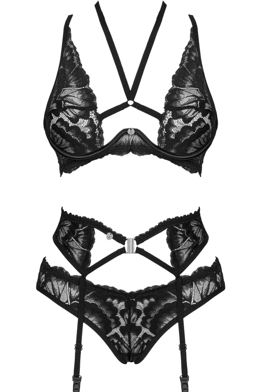 Obsessive Alessya Black Lace Bra, Brief & Suspender Set
