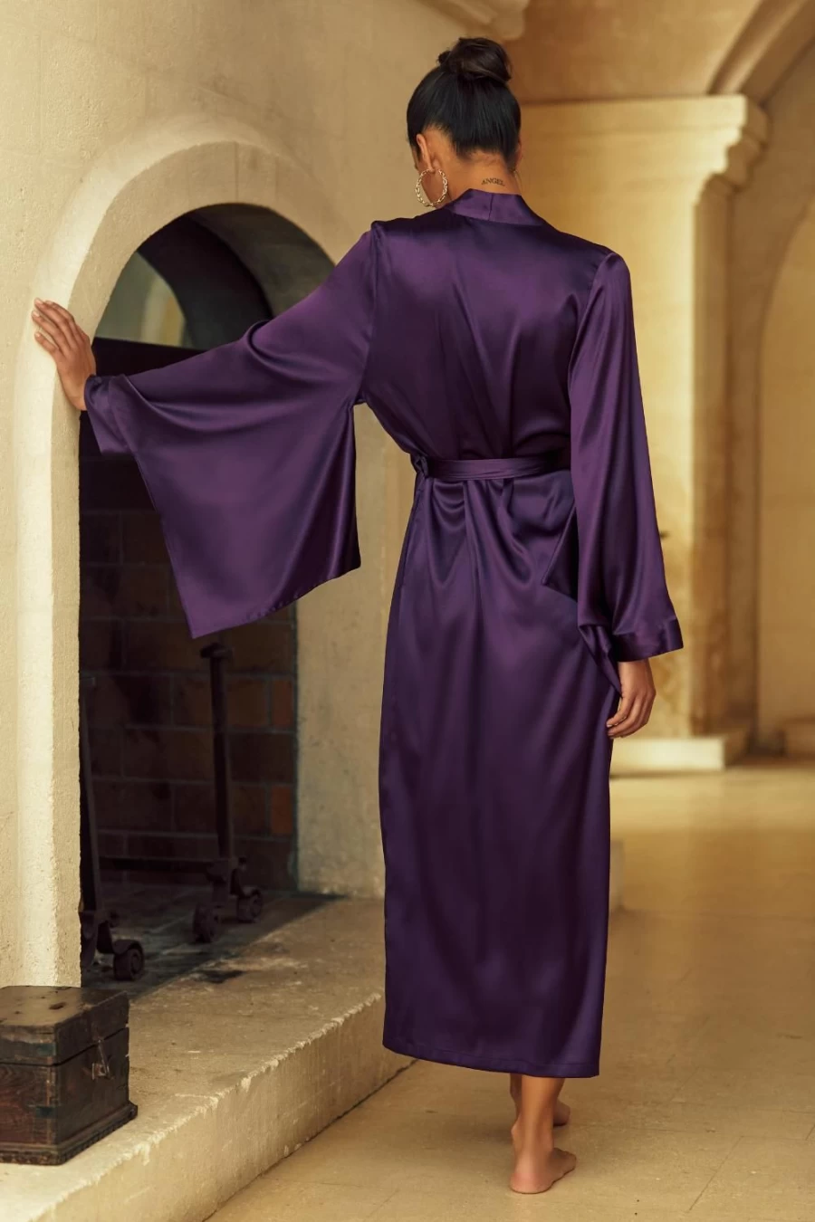 Marjolaine Plum Long Kimono - Elegant Floral Print Sophia Style Robe for Women