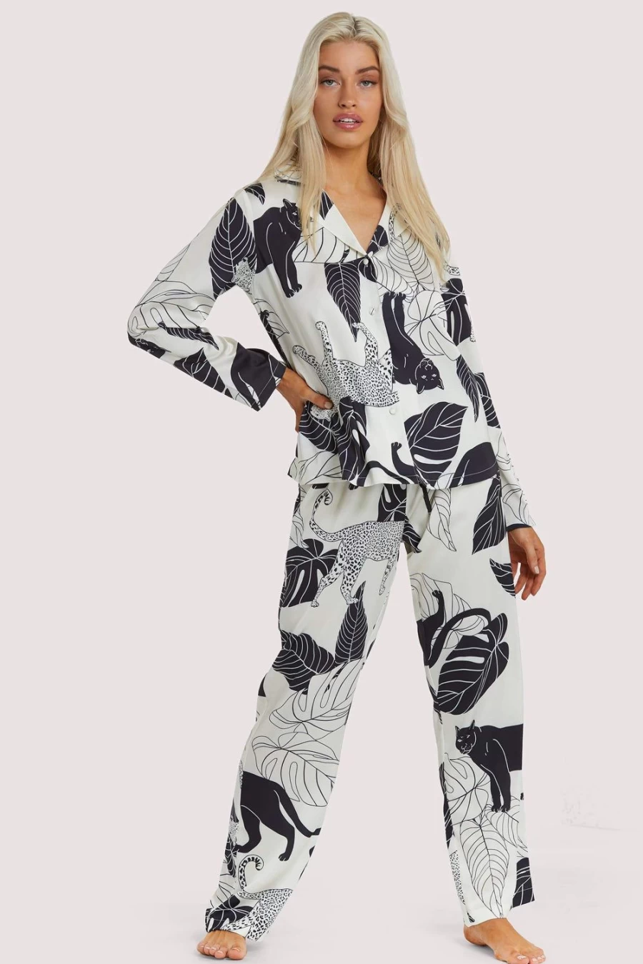 "Wolf & Whistle Panther Print Satin Pyjama Set - Multi Color Luxury Sleepwear"