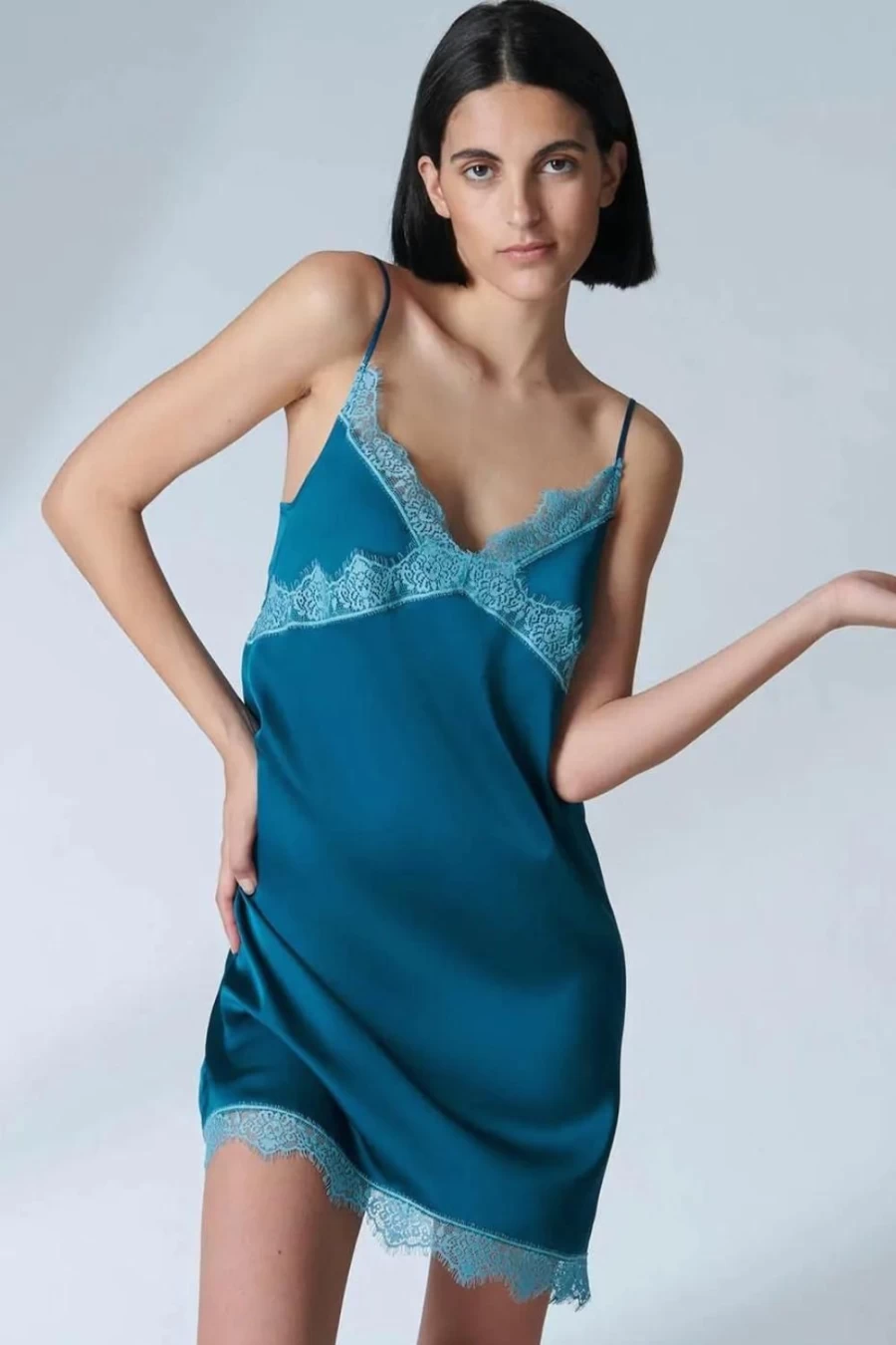 Simone Pérèle Satin Secrets Nightdress in Cyan Blue - Luxurious Women's Sleepwear