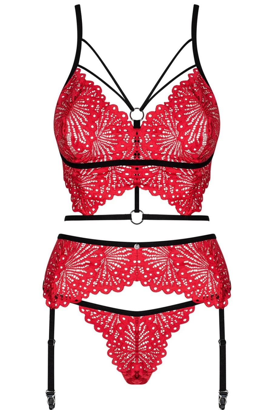 Obsessive Mettia Red/Black Lingerie Set - Bra, Brief & Suspender Belt