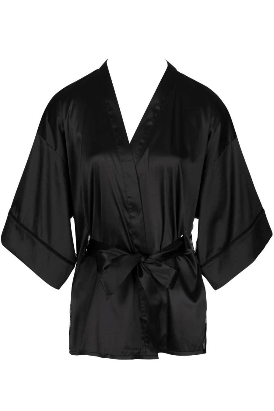 Atelier Amour Black Satin & Lace Kimono Robe - Nuit A Broadway Elegant Lingerie Cover Up