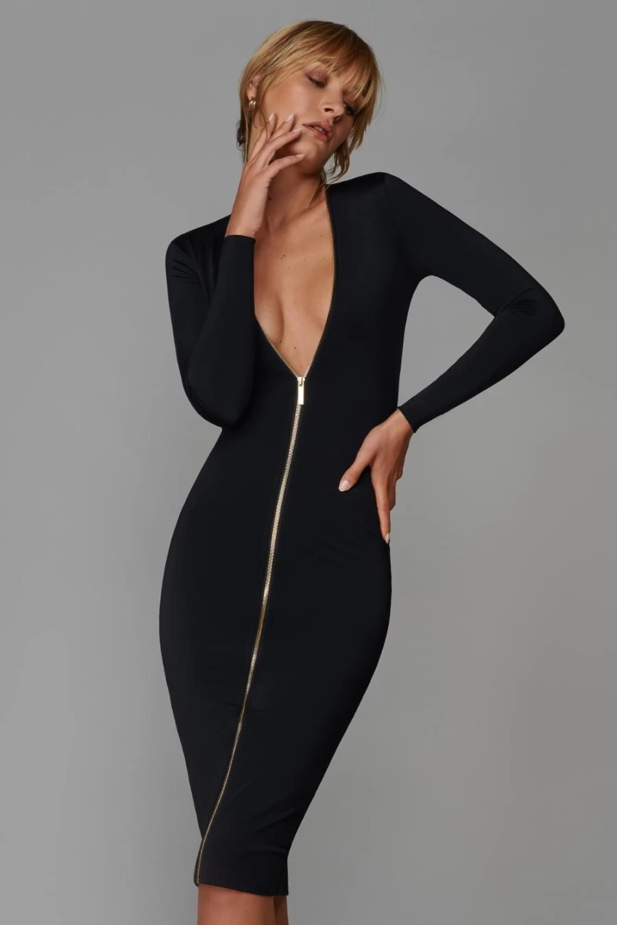 Maison Close Black Stretch Jersey Midi Dress with Zip - Elegant Vestiaire Style