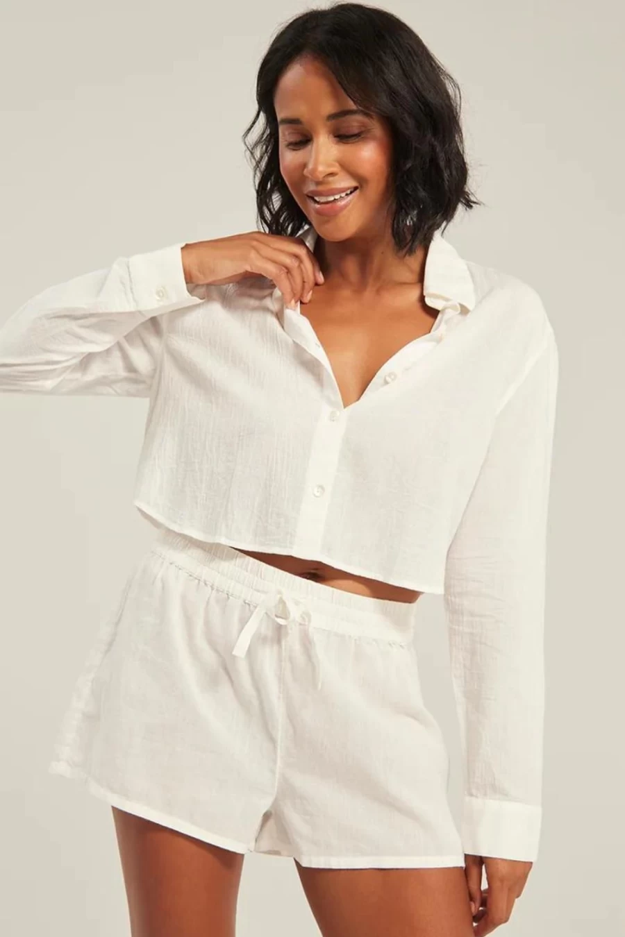 "Nudea Organic White Cotton Cropped Pajama Shirt for Women"