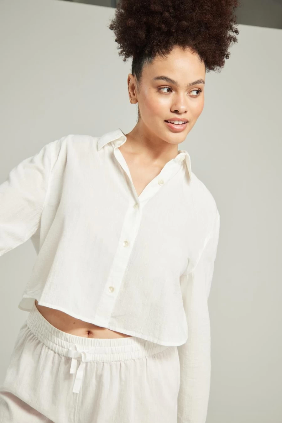 "Nudea Organic White Cotton Cropped Pajama Shirt for Women"