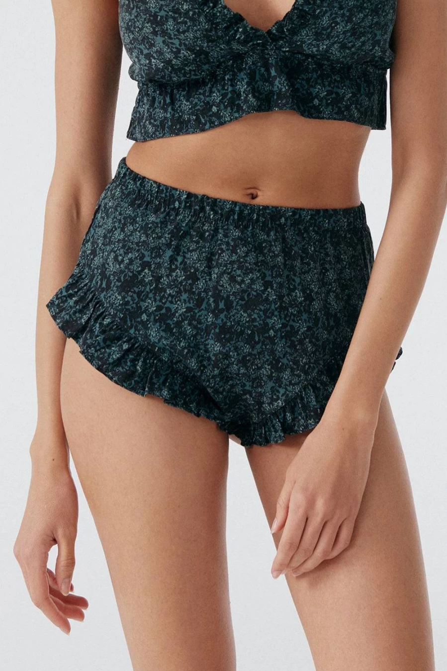 Else Women's Cedar & Black Silk Ruffled Shorts - Botanist Floral Design High Waist Summer Shorts