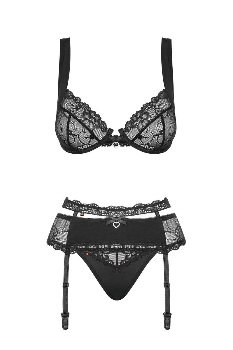 Obsessive Black Heartina Lace Bra Thong & Suspender Set