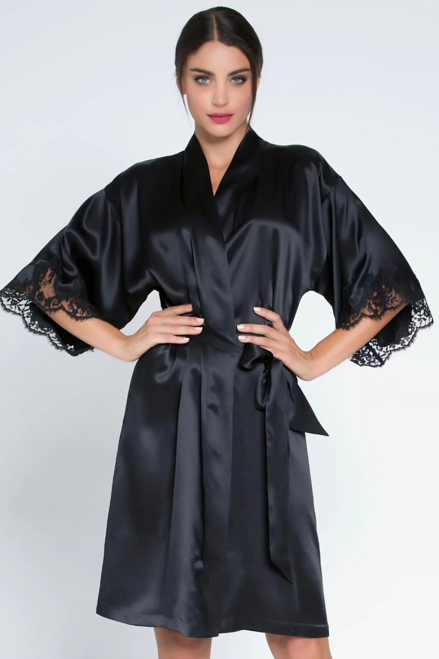 Lise Charmel Splendeur Soie Black Mid Length Silk Robe - Elegant Evening Dress