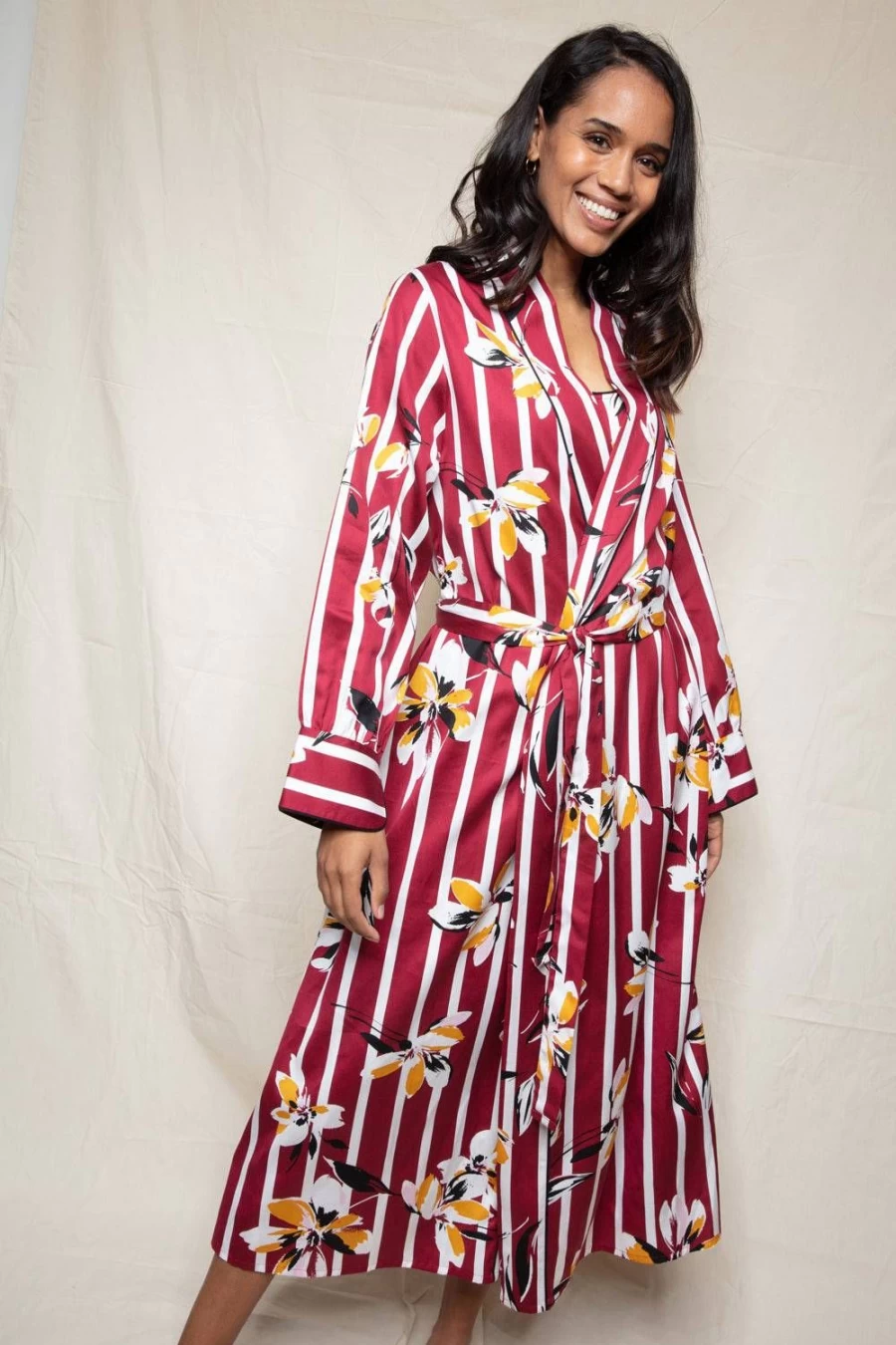 Fable & Eve Burgundy Marylebone Floral Print Long Dressing Gown - Striped Luxe Robe