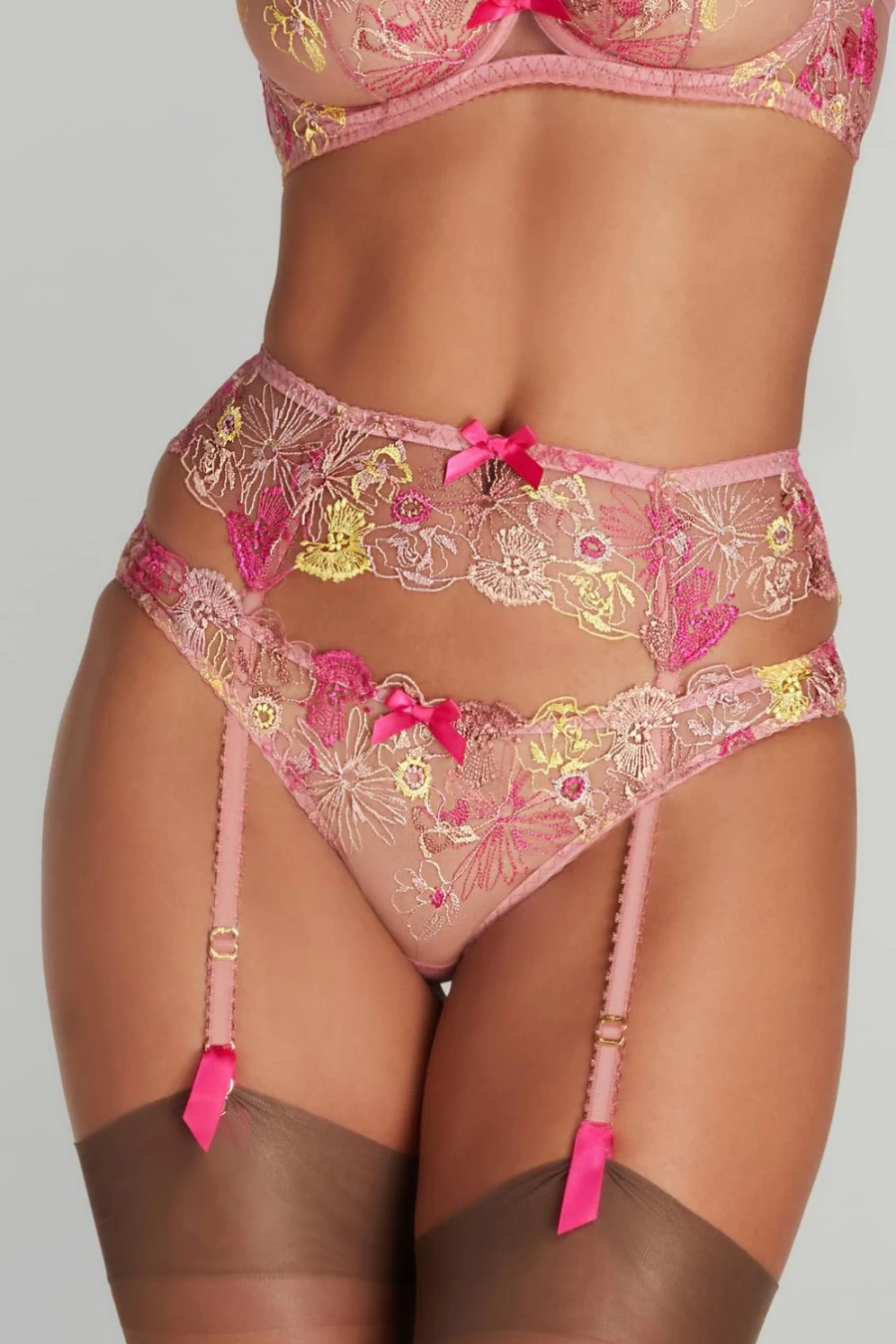 Agent Provocateur Zuri Suspender in Dusky Pink & Yellow - Stylish Adjustable Lingerie Accessory