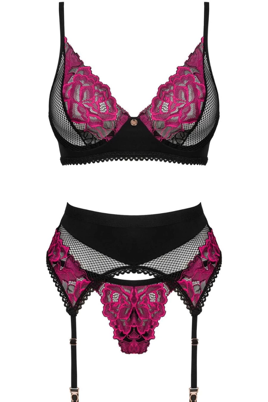 Obsessive Black Rosenty Lace Bra, Thong & Suspender Set