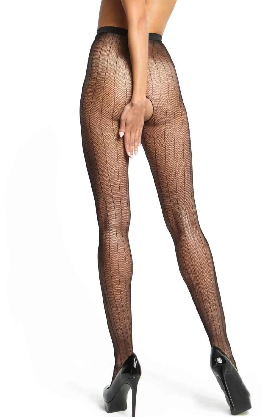 Miss O Black 20 Denier Open Crotch Seamed Fishnet Tights for Women