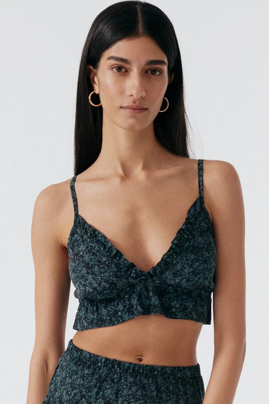 Else Women's Cedar & Black Silk Cropped Bralette with Ruffled Detail - Botanist Style Lace Bralette