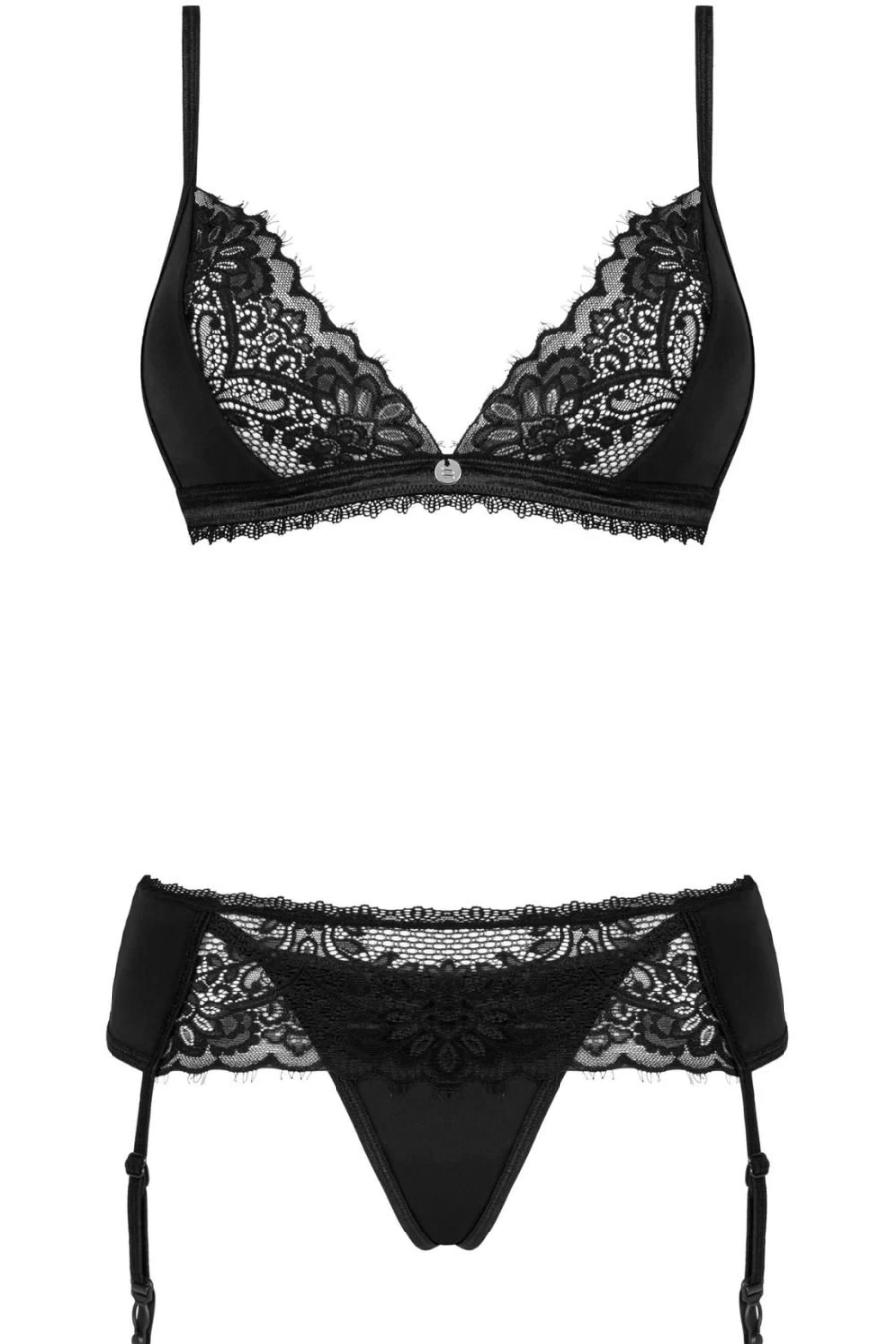 Obsessive Black Maderris Lingerie Set - Bra, Thong & Suspender Belt