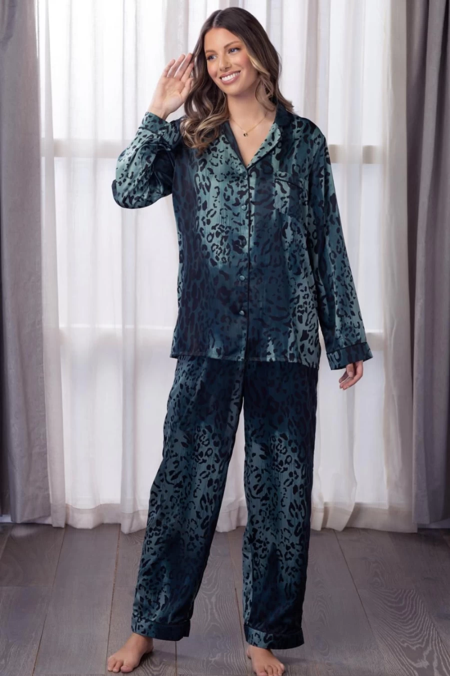 Sainted Sisters Teal Animal Print Sienna Satin Pyjama Set - Luxurious Women's Sleepwear