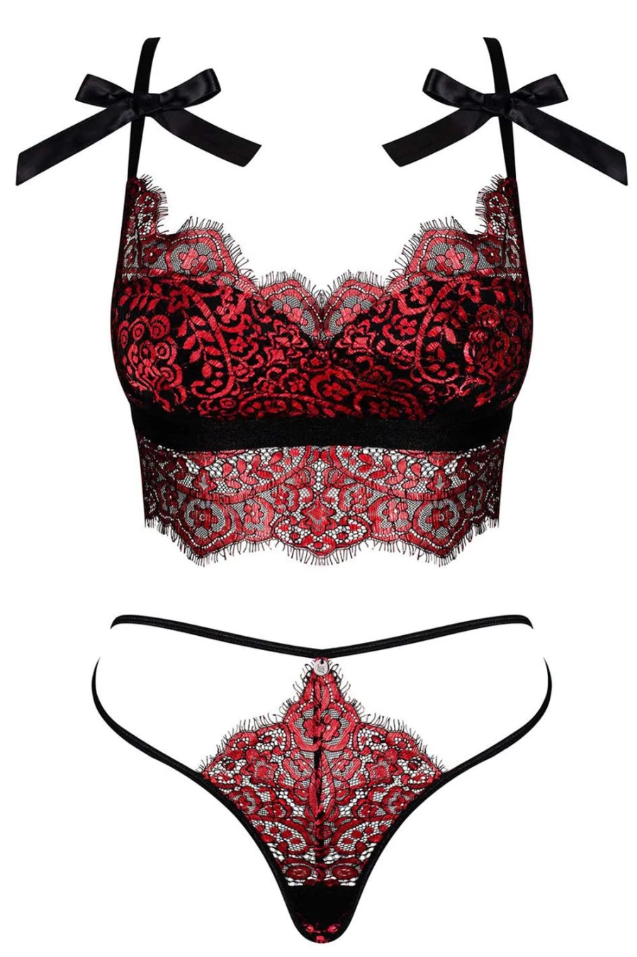 Obsessive Redessia Lace Bra & Thong Set - Black/Red Seductive Lingerie