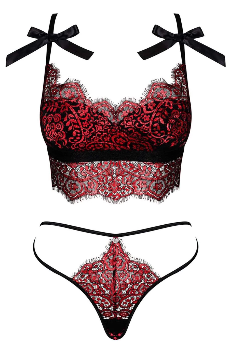Obsessive Redessia Lace Bra & Thong Set - Black/Red Seductive Lingerie
