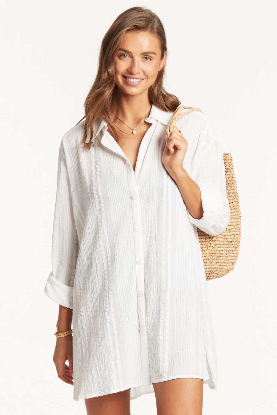 "Sea Level White Heatwave Cover Up Shirt - Lightweight Sun Protection Beach Shirt"