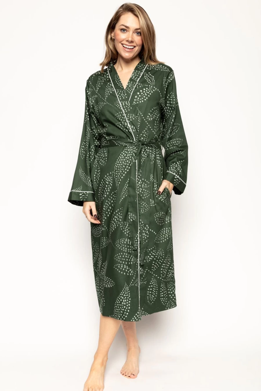 Cyberjammies Green Imogen Leaf Print Long Dressing Gown for Women