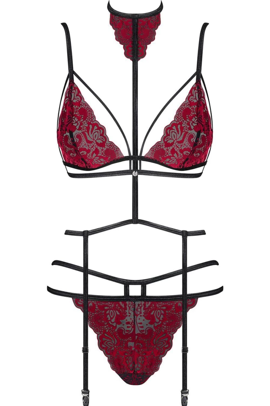 Obsessive Red/Black Sugestina Bra, Brief & Suspender Harness Set - Lingerie & BDSM Fashion