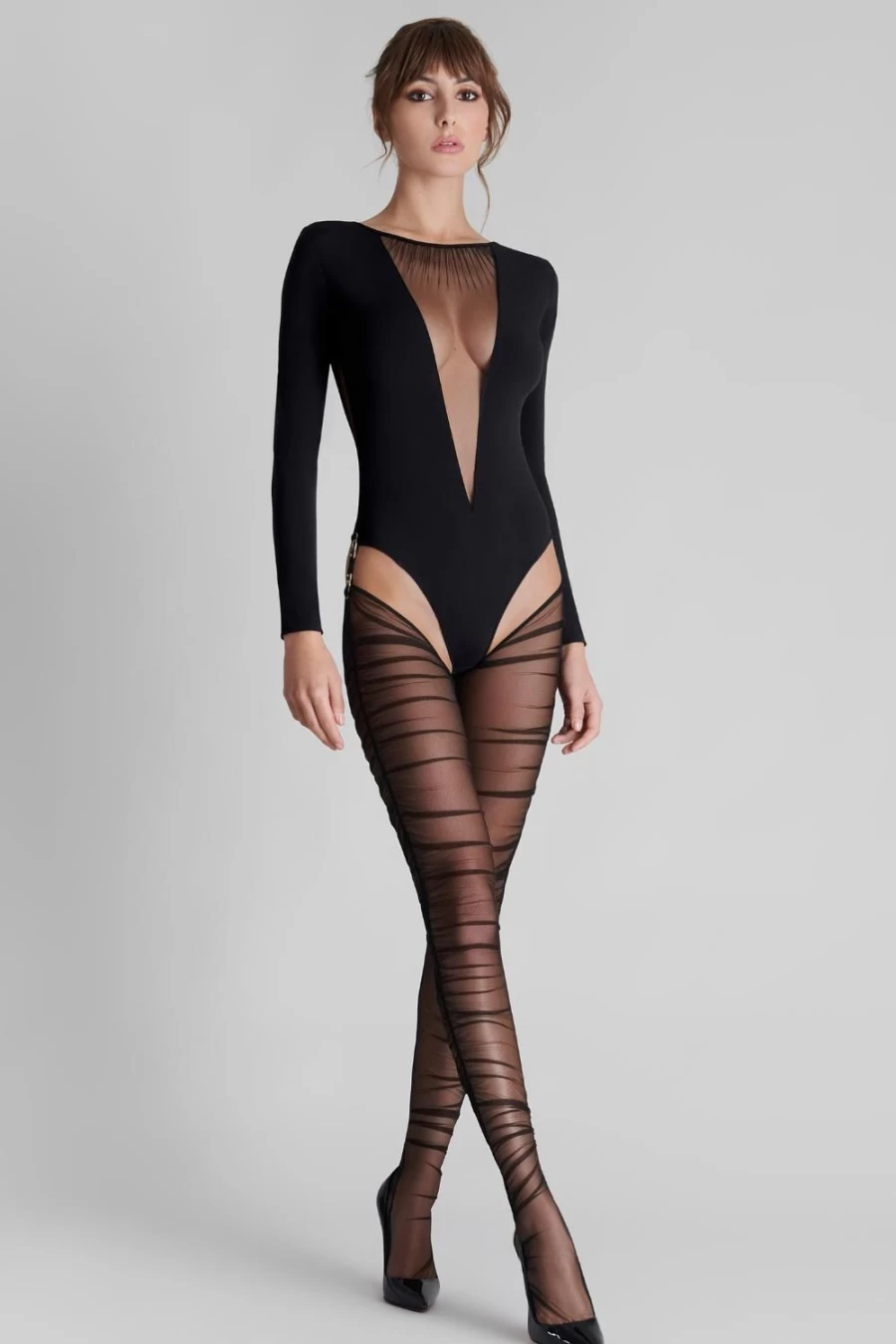Maison Close Nuit Fauve Long Sleeve Bodystocking with Thong & Stockings - Elegant Lingerie Set