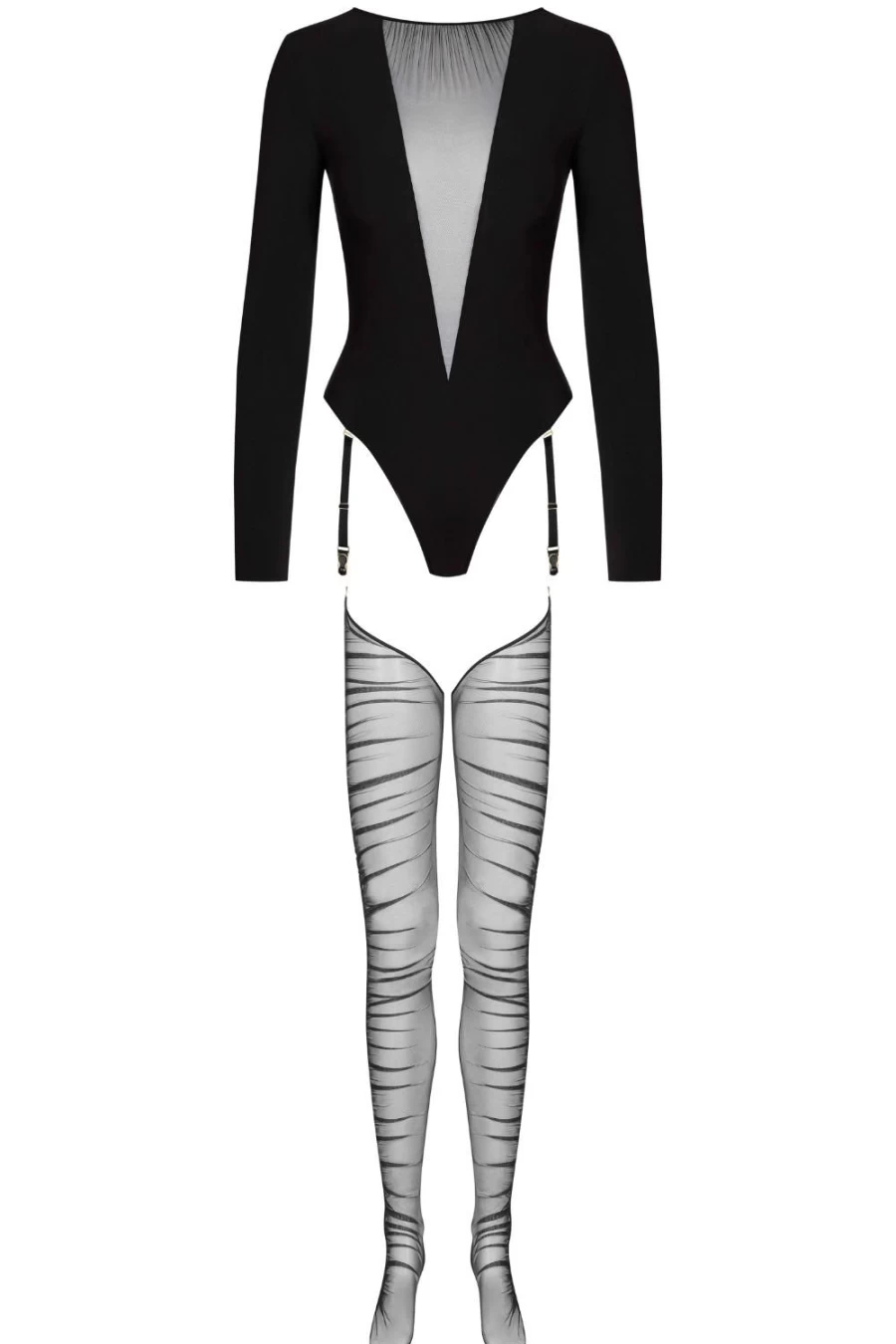 Maison Close Nuit Fauve Long Sleeve Bodystocking with Thong & Stockings - Elegant Lingerie Set