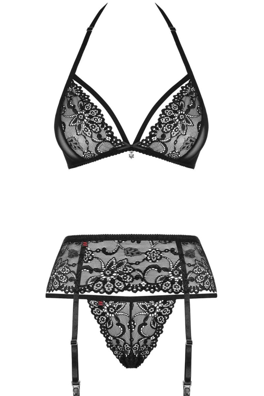 Obsessive Black Lace 838 Bra, Thong & Garter Belt Set