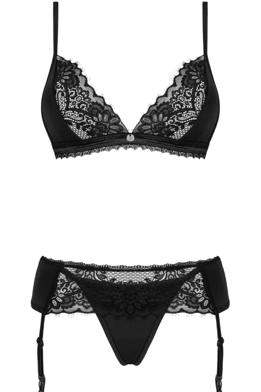 Obsessive Black Lace Maderris Bra, Thong & Suspender Set