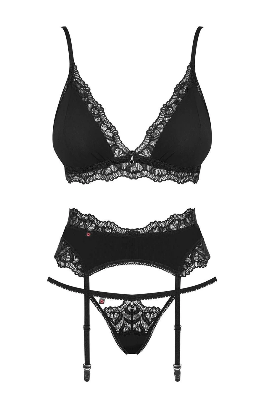 Obsessive Black Arisha Lace Bra, Thong & Garter Belt Set - Lingerie L-XL (UK 12-14)