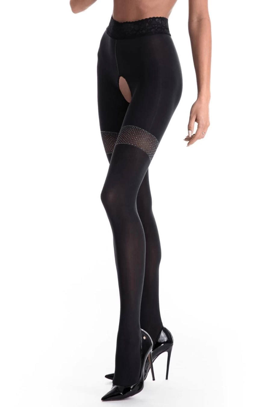 Amour Black 80 Denier Glamour Crotchless Tights for Women - Sexy Sheer Lingerie