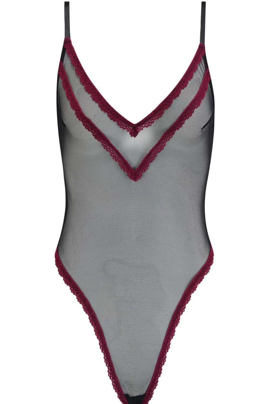Coco de Mer Muse - Maya Thong Bodysuit in Black & Burgundy Lingerie
