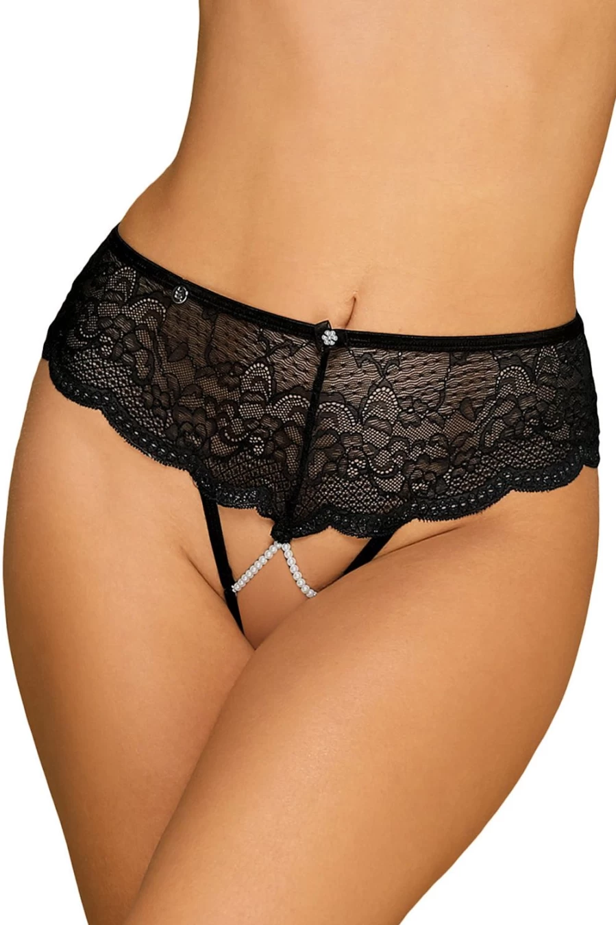 Obsessive Black Pearlove Lace Crotchless Brief - Seductive Women's Underwear